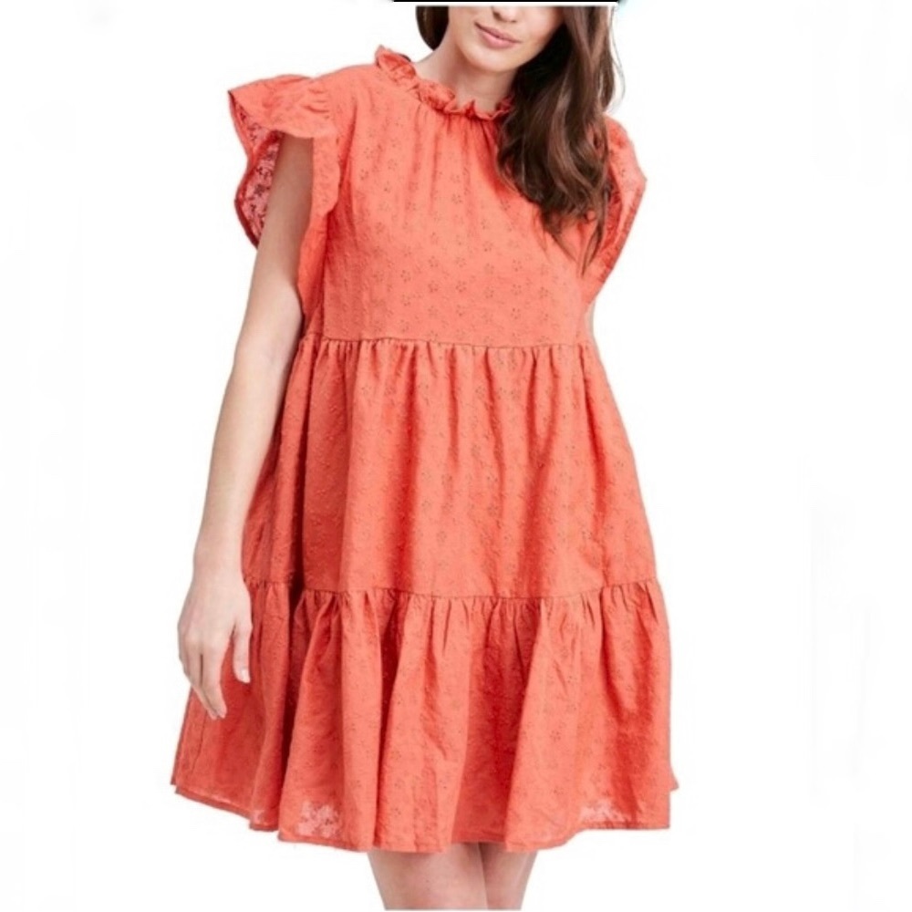 EN SAISON EYELET FLUTTER SLEEVE WASHED COTTON ORANGE BABYDOLL RUFFLED MI…